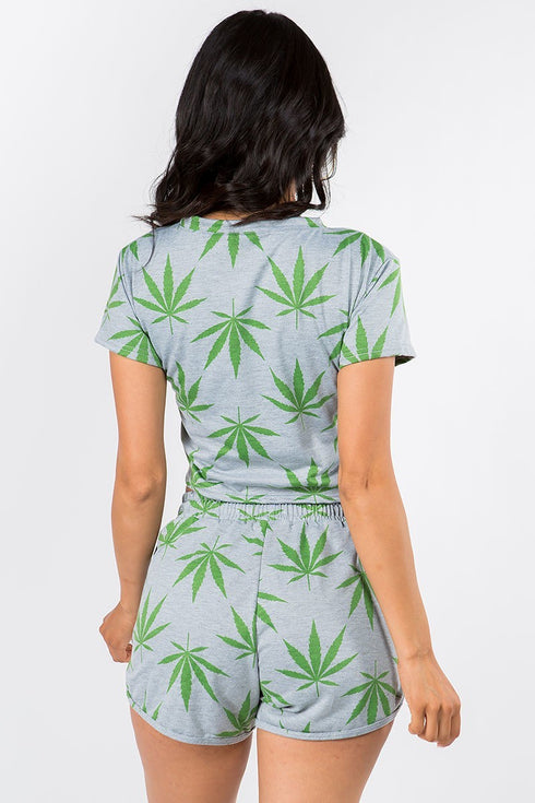 2 Pc. Weed Print Short Sleeve Crop Top W/ Shorts - Grey & Green - SohoGirl.com